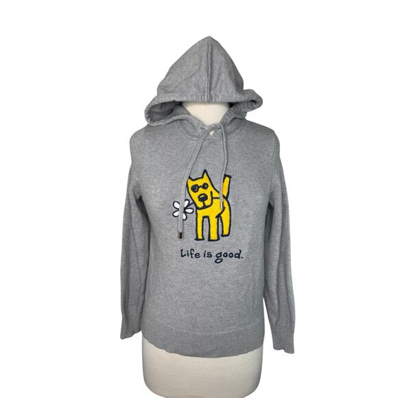 LIFE IS GOOD Yellow Daisy Dog Gray Hooded Sweater Size Small Womens Pullover - Picture 1 of 10